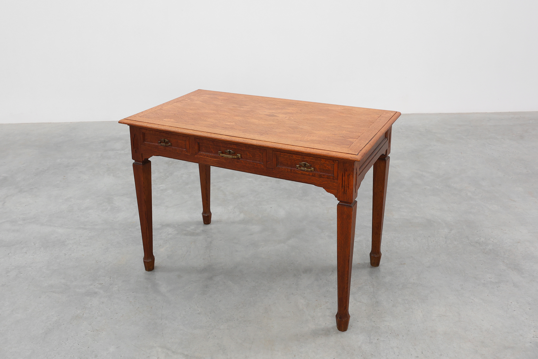 Art Deco carved oak Desk or Table with copper details, Belgium 1920sthumbnail